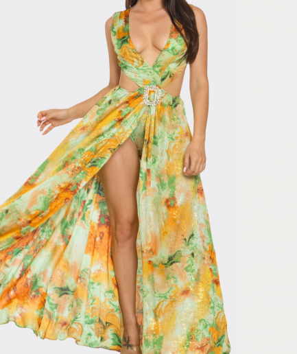 Women's V- Neck Floral Print Front Slit Maxi Dress - BAJBCCDS71542